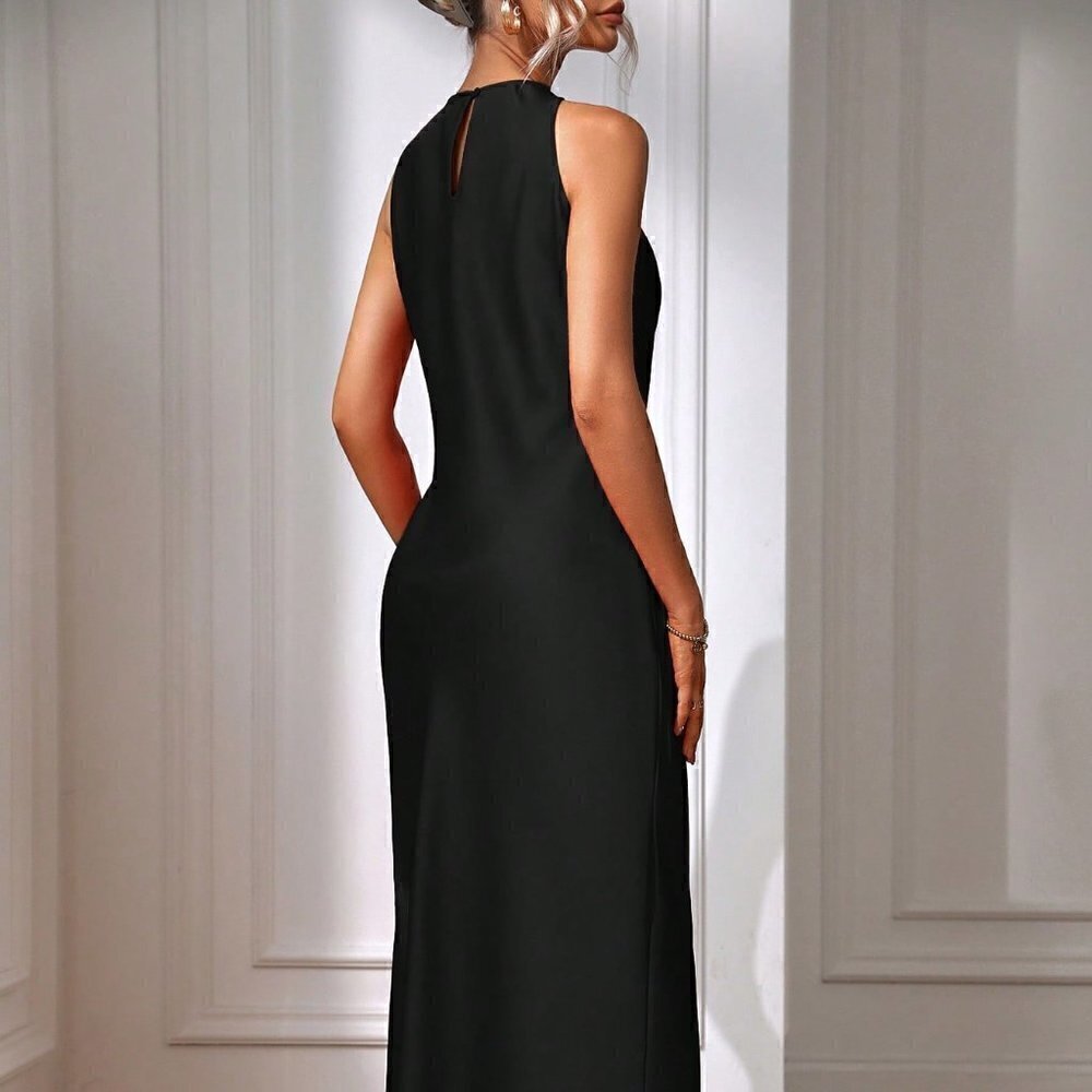 Black Preppy Womens Solid Split Thigh Dress - Picture 2 of 5